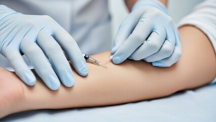 Medical professional administering an injection into a patient's arm, a healthcare procedure.