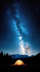 A glowing tent is set up under a stunning night sky filled with the Milky Way galaxy. The scene is illuminated by the tent's warm light.