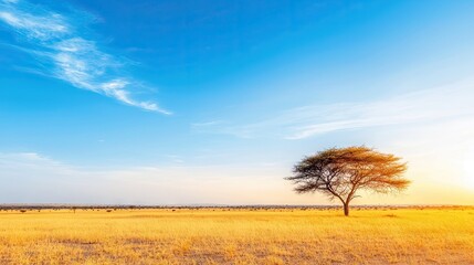 A single tree stands in a golden savanna landscape under a bright blue sky with wispy clouds. The sun is setting, casting a warm glow.