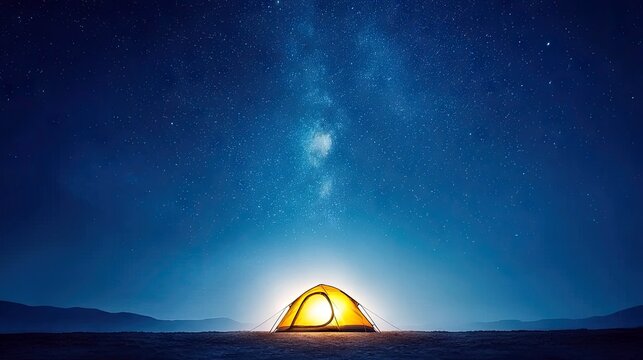 A glowing tent is set up under a starry night sky, creating a sense of wonder and adventure.