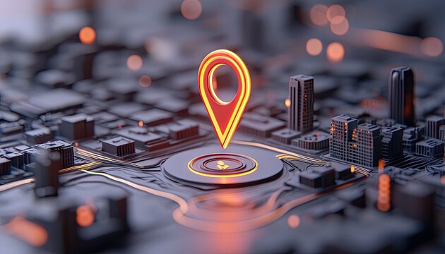 A glowing location pin sits atop a miniature city map, with illuminated details and a futuristic aesthetic.