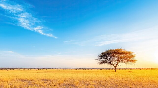 A single tree stands in a golden savanna landscape under a bright blue sky with wispy clouds. The sun is setting, casting a warm glow.