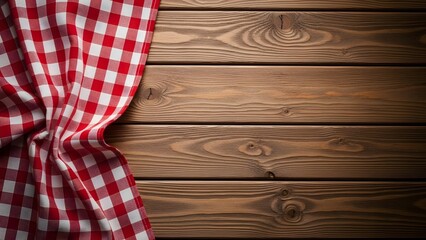 Red gingham checkered tablecloth on a rustic wooden tabletop background