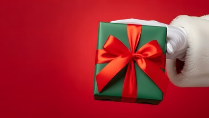 Santa claus hand delivering green christmas gift with red ribbon