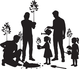 Family planting trees together celebrating international volunteer day community gardening concept