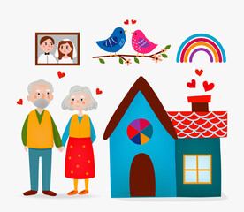 Charming flat vector of joyful elderly couple holding hands in front of cozy house. Set of isolated Valentine's day elements in the vector style of naive art, congratulations to the elderly