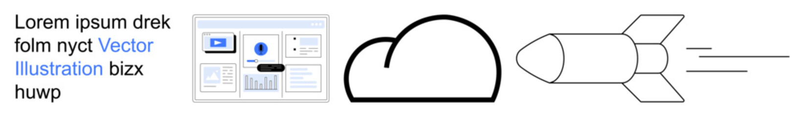 Technology, innovation, cloud storage, data transfer, software development, business growth. a rocket, a cloud and a software interface. Technology and cloud storage