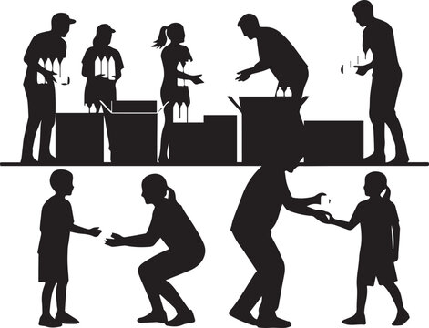 International volunteer day silhouette people distributing aid boxes and giving gifts for charity
