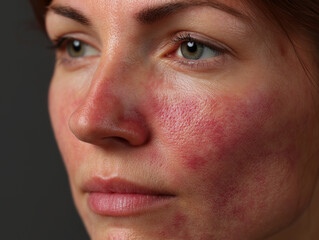 Obraz premium Mild atopic dermatitis visible on woman face, showing red and irritated skin. close up highlights texture and condition of skin, conveying sense of vulnerability