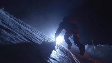 A man climbing up a mountain at night