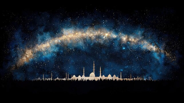 A silhouette of a mosque against a backdrop of the Milky Way galaxy at night. The image evokes a sense of wonder and spirituality.