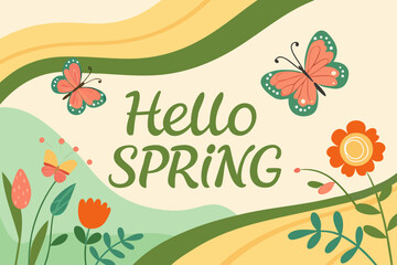 Wavy hello spring vector background with vibrant flowers and butterflies