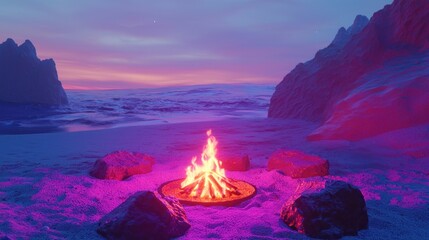 Cozy Campfire on a Beach at Dusk with Mountains.