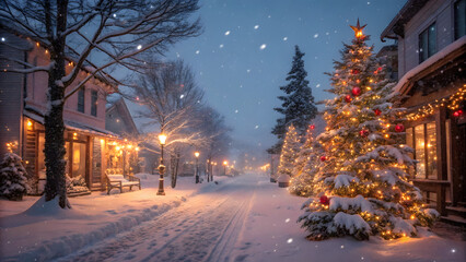 street in the night, christmas tree at night, peaceful winter, christmas lights, full of sparkle, snowfall in festive village