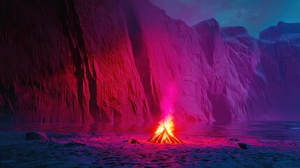 Mystical Bonfire Night - A Vibrant Campfire Scene Amidst Rocky Cliffs.