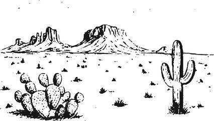 Vintage cowboy desert illustration with cactuses and rugged Western mountains in hand sketched monochrome drawing © Bryan