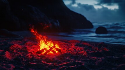 Campfire on a beach at night under a cloudy sky.
