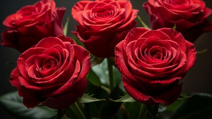 Fototapeta premium A close-up of five vibrant red roses, their petals glistening with dewdrops, embodying romance and natural beauty, perfect for love and celebration