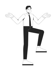Asian office worker standing with arms open and one leg raised 2D line character. Corporate chinese employee meditating pose isolated vector ink outline person. Monochromatic spot illustration