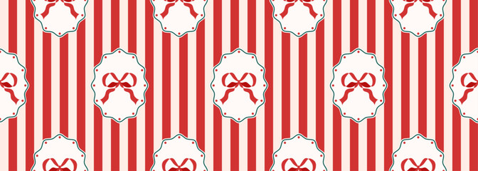 Christmas bows and ribbons seamless pattern background.  Vintage xmas packaging texture. Cute decorative frames. Coquette holiday print. Wrapping paper. Red striped backdrop. Vector illustration