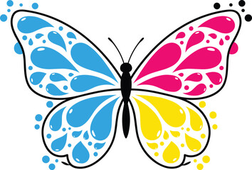Stylized butterfly with blue pink and yellow teardrop shapes and circles insect wings