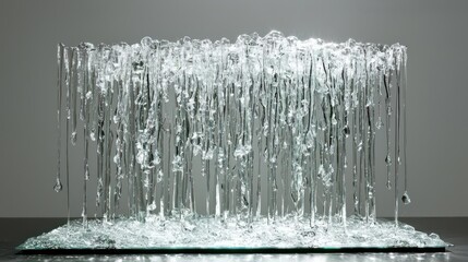 Abstract Glass Sculpture with Vertical Strands and Reflective Base.