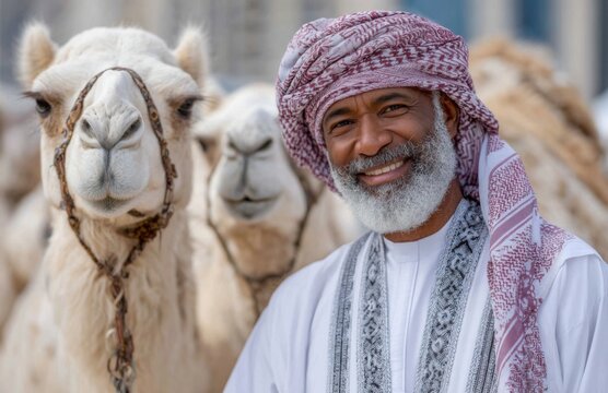 a group of camels in the desert near doha, with skyscrapers visible behind them and some palm trees, showing a middle eastern cityscape.