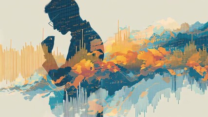 Emotional impact on trading decisions, person contemplating risk in front of digital financial data, mental state depicted through calm and chaotic elements, trading psychology concept