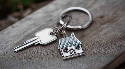 Keys and house keychain resting on wooden surface outdoors