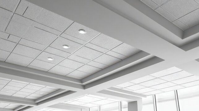 Low-angle photograph of acoustic ceiling tiles in a contemporary workspace