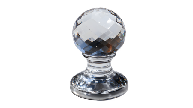 A single faceted crystal ball knob with a clear base against a dark black background in a studio shot