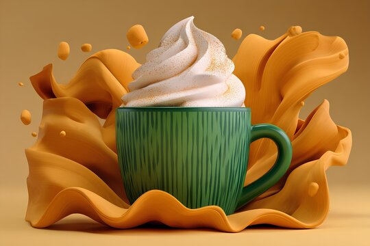 Green ceramic cup filled with creamy whipped topping, surrounded by vibrant orange splashes, creating an eye-catching dessert scene with artistic flair and visual appeal