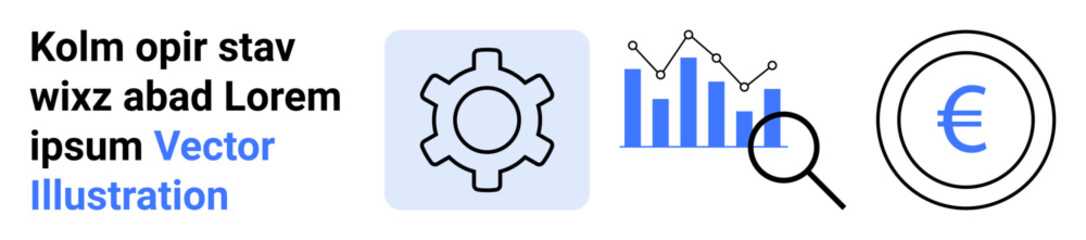 Gear beside statistical chart with magnifying glass, alongside Euro coin icon. Ideal for finance, analytics, performance optimization, data management, research, business solutions, simple landing