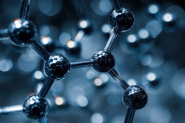 Complex, interconnected structure of carbon based molecules on a sleek blue background. Molecular atoms, intricate chemical bonds details. Scientific innovation research in modern context. Close-up