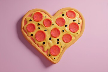 Heart-shaped pizza illustration featuring vibrant toppings, including pepperoni and olives, set against a soft pink background, creating a playful and whimsical food concept