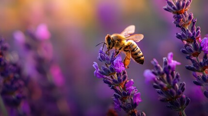 Macro banner photograph of a bee on lavender during golden hour