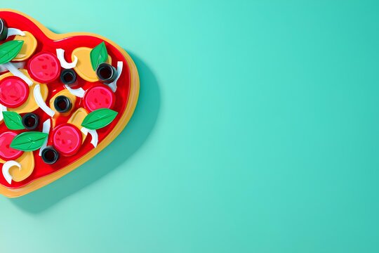 Heart-shaped pizza illustration featuring vibrant toppings, including pepperoni and olives, set against a blue background, ideal for menus and snack promotions. Copy space. - Powered by Adobe