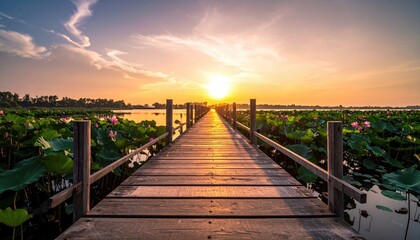 Obraz premium A wooden pier extends over a pond filled with lotus plants, leading towards a vibrant sunset. The scene evokes tranquility and natural beauty.