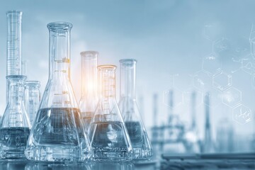 Chemistry. Laboratory flasks and glass beakers filled various colored liquids, transparent blue gray solutions. Molecular structure model background double exposition. Scientific research. Lab scene.