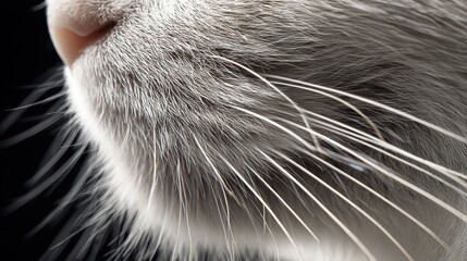 Macro close-up of white cat whiskers against a deep black background