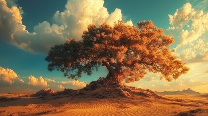 Solitary Tree in a Golden Desert Landscape Under a Cloudy Sky.