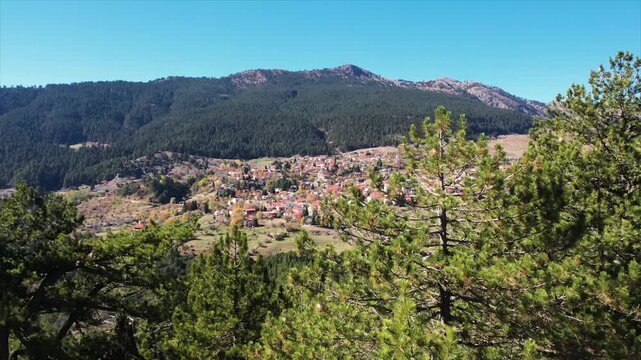 Aerial View of Samarina, Traditional Village Reveals Through Nature, Drone Dolly Shot, Grevena Region Greece