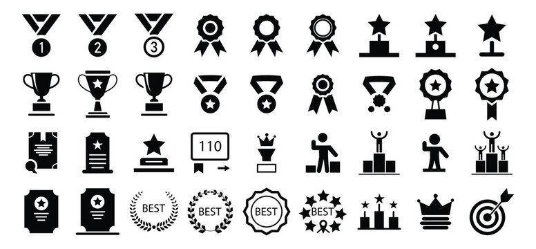 Winning icons collection. Award and prize icons, trophy reward, victory trophy signs depicting an award, victory cup achievement, winner medal - stock vector.