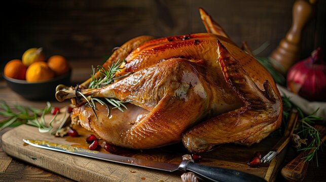 Rustic Table Setting with Roasted Turkey and Fresh Herbs and Pomegranate Seeds - Powered by Adobe