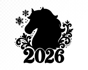 Elegant black horse silhouette with decorative floral ornaments, winter snowflakes and bold 2026 typography for New Year themed designs and festive holiday projects. Vector illustration.
