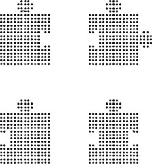 Isolated dot style puzzle piece icon, dot map style puzzle vector, minimal black puzzle dot graphic, equal size dot style symbol, game problem icon, solution creativity illustration project design