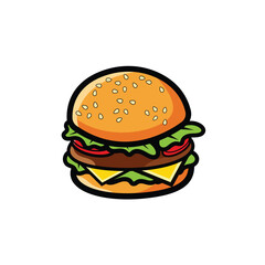 Classic cartoon hamburger vector illustration with sesame bun, cheese, lettuce, tomato, patty