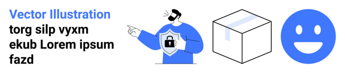 Data security, encryption, online privacy, package safety, user authentication, digital protection. Person pointing to shield, secure box smiling face icon. Data security and encryption concept