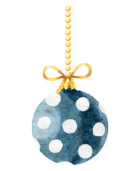 Watercolor holiday ornament.  Tree blue ornament with white dots and gold bow isolated on  white background. New years ball.