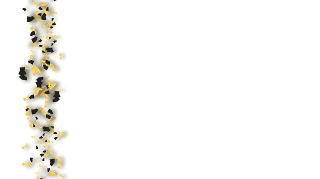 An animation of lively spread of black and yellow confetti particles along the left side of the scene against a clean white backdrop, forming a bright and cheerful celebratory border